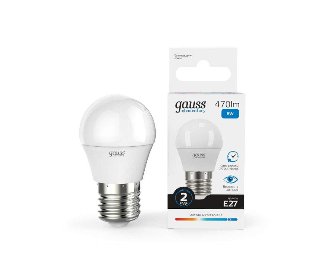 LED ნათურა Elementary Ball 6W 470lm 6500K Е27 - 53236 Gauss — ნათურა და ვაზნა